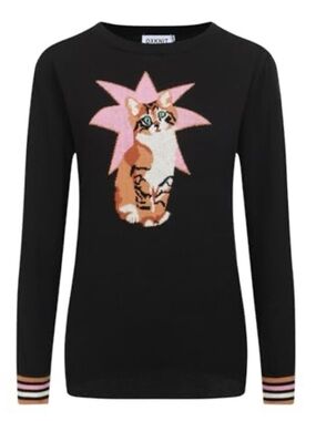 OXKnit Black Crewneck Sweater with Pink Star & Cat Motif - Fits more like an XL